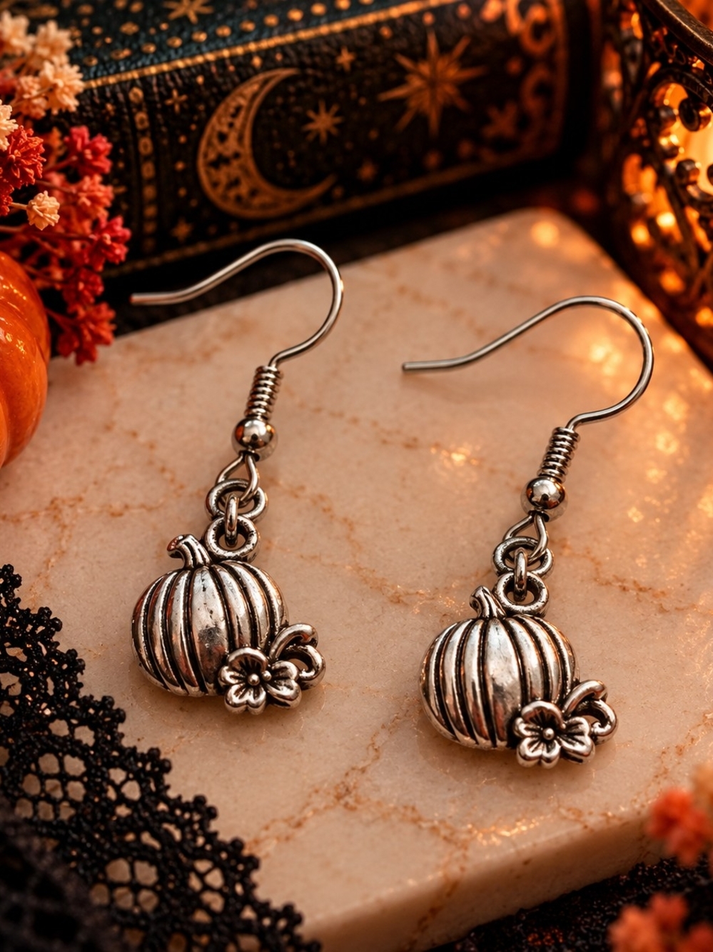 Silver Tone Metal Pumpkin Dangle Drop Earrings – Fall Halloween Jewelry New